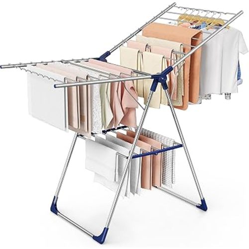 Clothes Drying Rack with Height-Adjustable Wings, Metal Foldable Laundry Dryer Stand for Clothing & Bedding, Free-Standing Collapsible for Indoor & Outdoor Use, 55.5" L × 22.8" W, Silver Blue