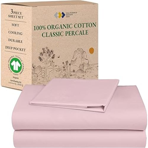 California Design Den Soft 100% Organic Cotton Bed Sheets Twin Size Set with Deep Pockets - Crisp Percale Sheets, Breathable and Durable Bedding Set (Pink - Chalky Tone)