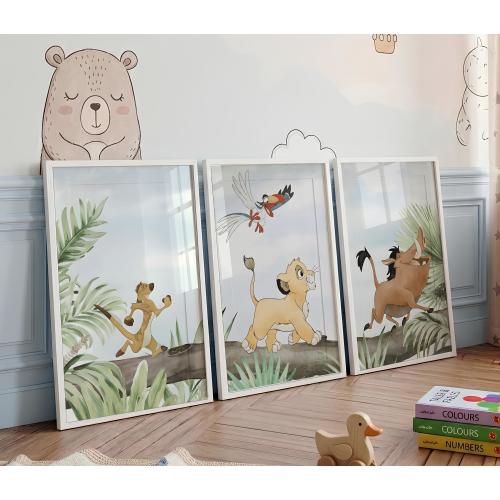 Simba & Friends Poster Set of 3, Lion King Inspired Nursery Wall Art, Safari Animals Kids Room Decor, Digital Download