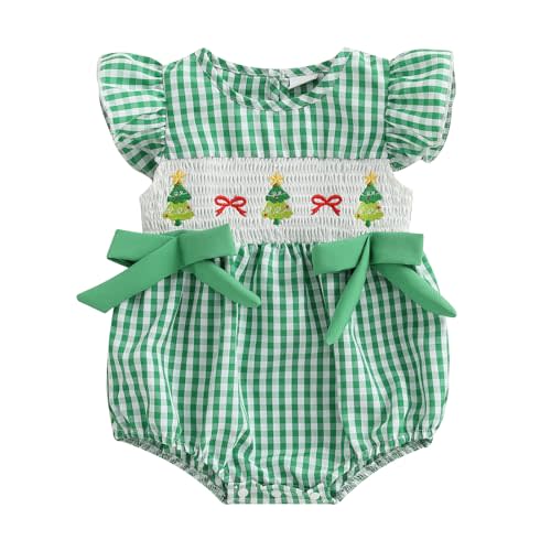 Newborn Girl Smocked Santa Romper Infant Baby Christmas Tree Embroidery Bubble Rompers Fly Sleeve Gingham Bodysuit