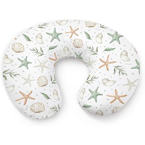 Watercolor Ocean Starfish Seashells Pattern Nursing Pillow Cover, Unisex Sea Animals Removable Breastfeeding Pillowcase Slipcover for Baby Girls Boys Newborns Toddlers, Cover Only