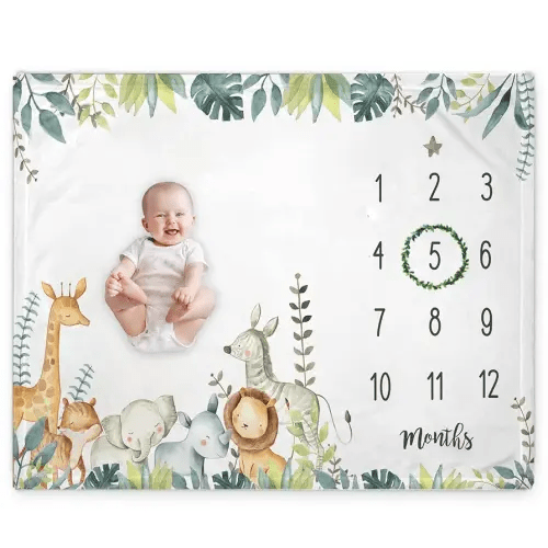 Popfavors, Yuzioey Safari Baby Monthly Milestone Blanket - Jungle Animals Growth Chart for Nursery Decor - White, 50Inx40In - Includes Marker