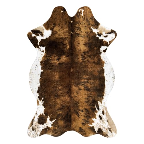 Large Faux Cowhide Rug 4.6x5.2ft Cow Print Rug Faux Animal Print Area Rug Cow Hide Carpet for Cowboy Cowgirl Bedroom Living Kids Room Office Table Wall Western Decor Mat, Brown