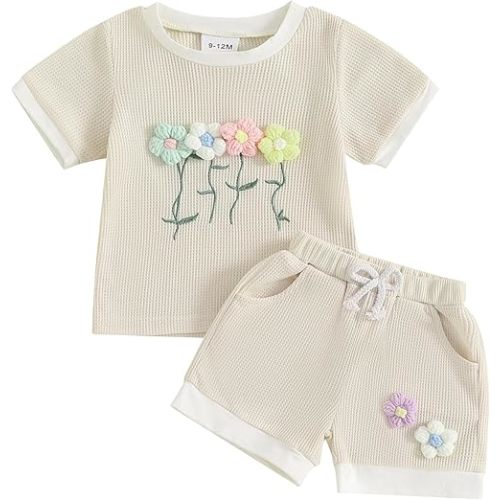 Kaipiclos Flower Embroidered Toddler Boy Girl Summer Outfit Waffled Baby Clothes Short Sleeve T-Shirt Tops Shorts Set