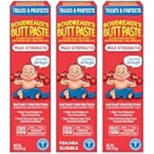 Boudreaux’s Butt Paste Maximum Strength Diaper Rash Cream, 4 Oz, Pack of 3 | Diaper Cream for Baby, Ointment With Zinc Oxide, Fast Relief, Overnight Protection, Moderate to Irritated Diaper Rash