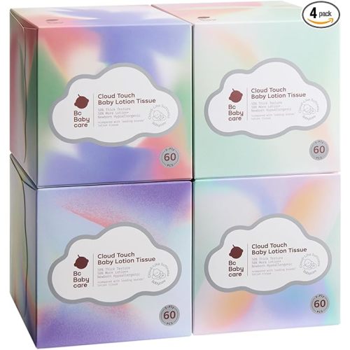 Bc Babycare Cloud Touch Lotion Ultra Soft Facial Tissues, Hypoallergenic, Plant-based Materials, Clean Gentle Baby Essentials, 60 Tissues Per Box, 5-Ply (60 Count (Pack of 4))