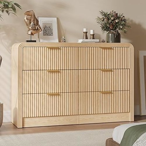 Decofy Fluted Drawers Dresser for Bedroom, Wood Dressers with Gold Handles, Modern Dressers with Wave Texture, Large Storage Chest of Drawers, Bedroom Dresser Organizer 47'' & 6 Drawers (Natural Oak)