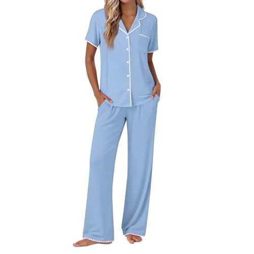 Ekouaer Pajamas for Women Set Button Up Soft Pjs Short Sleeve Lounge Sets | Cute Scalloped Trim, Notch Collar, Side Pockets, Soft Breathable Fabric,Ideal for Daily Wear, Maternity, Postpartum