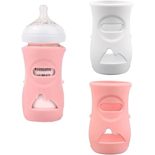 2 Pack Silicone Sleeves Compatible with Philips Avent Glass Baby Bottles 8 oz, to Prevent The Baby Bottles from Breaking, BPA-Free (White+Pink)