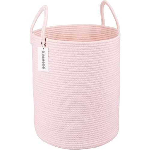Cotton Rope Laundry Basket Hamper for Girls Kids Baby Nursery Hamper Bin Woven Storage Basket for Living Room Girls room Boho Tall Rope Baskets for Blanket Toys Large light pink