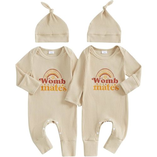 Newborn Baby Girl Boy Twins Matching Outfits Womb Mates Knitted Romper Mitten Cuffs Jumpsuit with Hat Fall Clothes