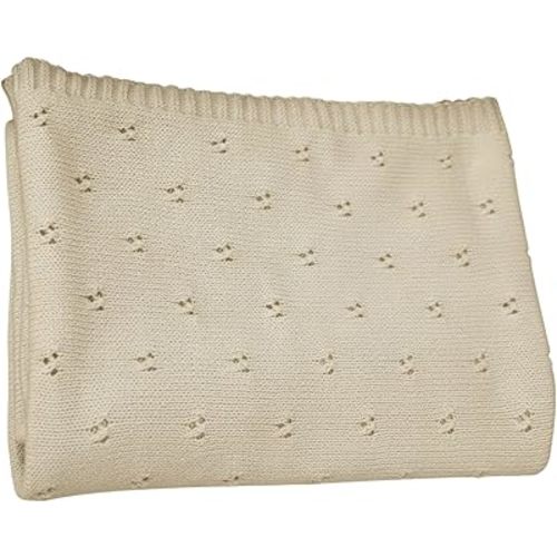 Baby Knit Blanket, 100% Cotton Eyelet Patterns, Soft, Cozy, Lightweight Swaddle for Newborn & Infant Swaddling Beige Neutral, Perfect Baby Shower Ideas Beige 30x30
