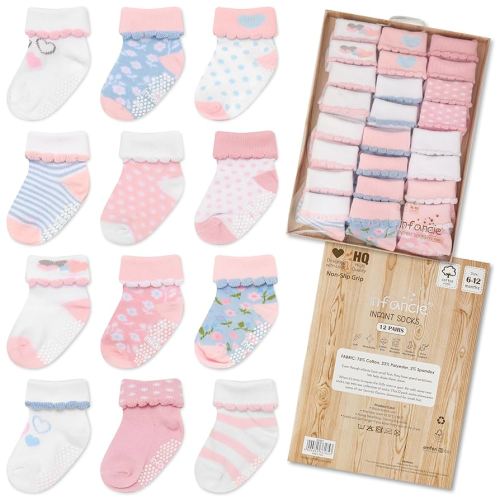 Baby Socks 12 Pairs - Non-Slip Infant Grip for Newborns & Toddlers 6-12 Months, Boys & Girls, Safe for Walking