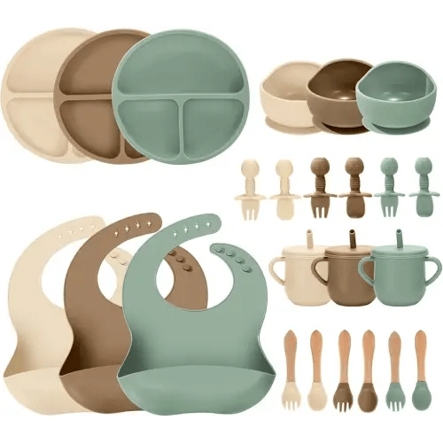 24 PCS Silicone Baby Feeding Set, Baby Led Weaning Supplies Includes Suction Bowls and Divided Plates, Adjustable Silicone Bib, Spoons&forks, Training cup with straw (Green+Brown+Beige)