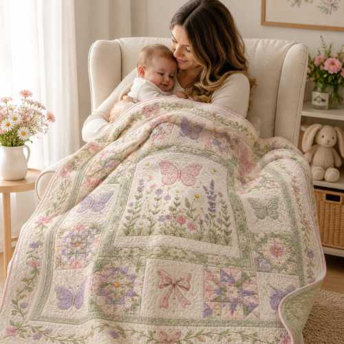 Butterfly Floral Quilt Blanket, Pastel Cottagecore Bedspread, Girls Butterfly Garden Throw Blanket, Cozy Nursery Room Decor Gift