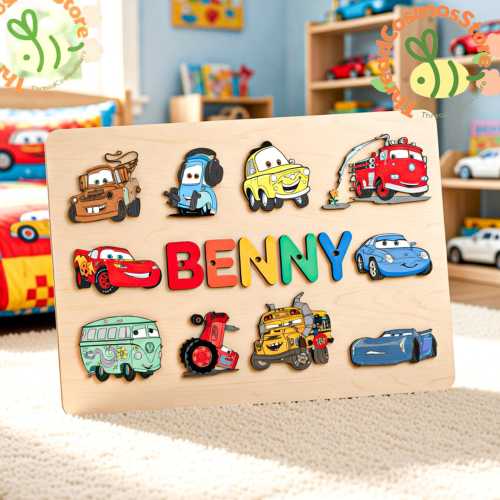 Personalized Name Puzzle with Cars, Disney Car Theme Wooden Puzzle, Custom Kids Name Board, Toddler Learning Toy Gift