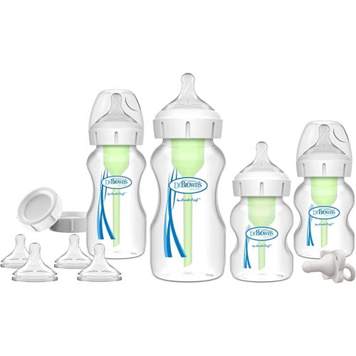 Dr. Brown's Natural Flow® Anti-Colic Options+™ Wide-Neck Bottle Essentials Gift Set with Breast-Like Nipple,100% Silicone HappyPaci™ Pacifier and Baby Bottle Travel Caps