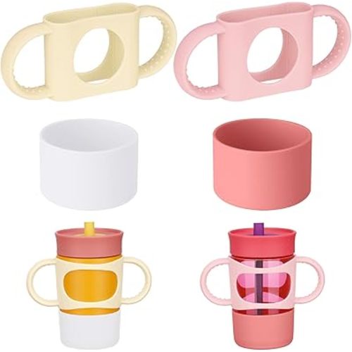 NiHome Silicone Double Handle & Boot for Owala Kids’ Tumbler 12oz 15oz, Easy to Install for Toddlers to Grip & Train, Shock-Absorbing Bottom Sleeve Drop Protection, 2Pcs (Pink + White)