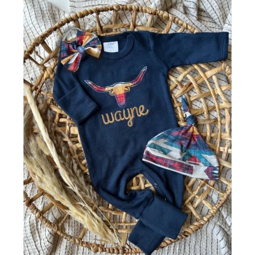 Personalized 100% cotton navy footie with handmade bow hat, custom gender neutral coming home outfit, baby shower gift, western longhorn