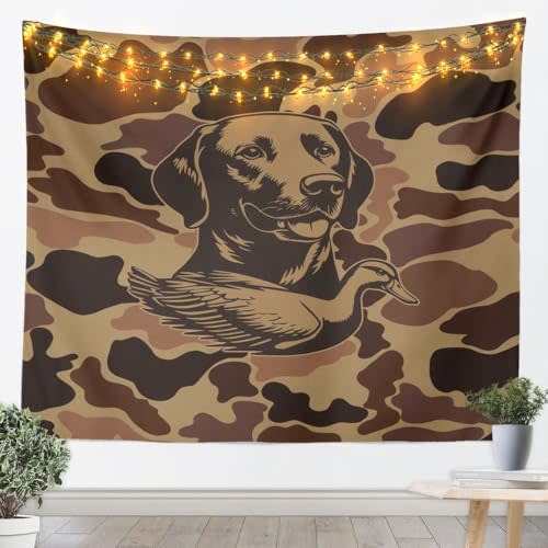 Manfei Vintage Brown Camo Tapestry Hunting Camouflage Duck Hunters Wall Hanging,Dog and Duck Wall Blanket Home Artwork,Kids Boy Girls Room Decor,Medium 59.1 x 59.1 Inches