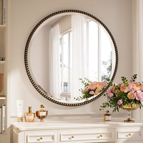 28 Inch Round Bathroom Mirror - Luxurious Retro Beaded Circle Decorative Wall Mirror with PU Frame Hanging Leaning as Art Decor for Entryway, Bedroom, Living Room, Hallway, Bronze