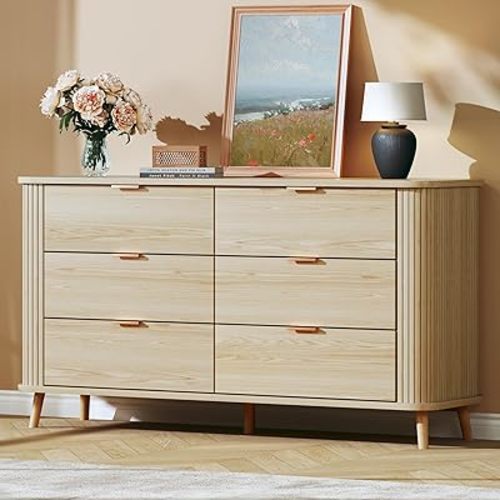Mid Century Modern Dresser, Fluted 6 Drawers Dresser for Bedroom, Curved Profile Design, Wide Wood Chests of Drawers Storage for Living Room, Entryway, Hallway, Oak