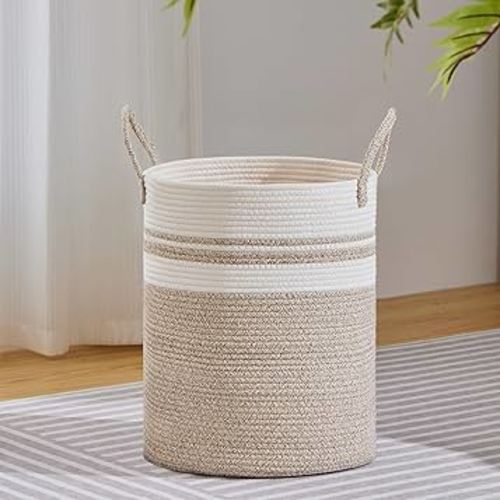 VIPOSCO Large Laundry Hamper, Tall Woven Rope Storage Basket for Blanket, Toys, Dirty Clothes in Living Room, Bathroom, Bedroom - 53L Brown & White