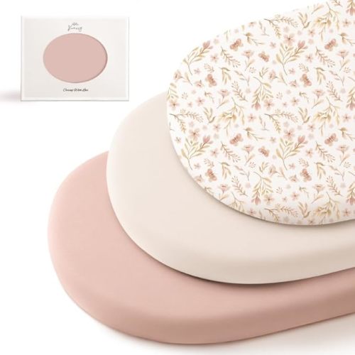 Konssy 3 Pack Stretchy Bassinet Sheets for Baby Girl Boy, Soft Breathable Baby Bassinet Mattress Sheets Fit for Hourglass Oval Cradle, Moses Basket Rectangle Mattress (Pink Spring)