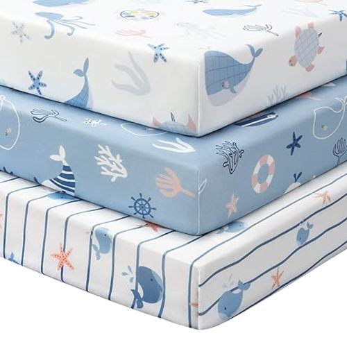 FIEMOL Baby Crib Sheets for Boys and Girls, 3 Pack Toddler Bed Sheets for 52”x28” Standard Toddler Mattresses, Soft Microfiber Fitted Crib Sheets Neutral Blue Ocean Whale