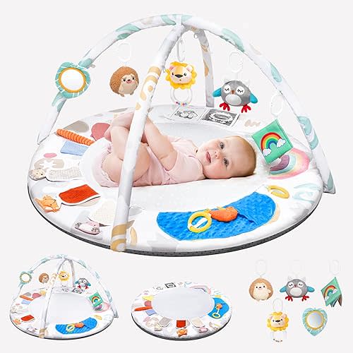Montessori Baby Play Gym & Activity Mat for Brain Development (0-12Mo) | 5-Sensory Zones + 5 Toys |Portability Tummy Time Activity Mat Stage-Based for Newborn Brain Development Essential & Gift-Ready