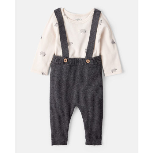 Baby Boy Sheep Print Cotton Long-Sleeve Overall Set - White/Grey