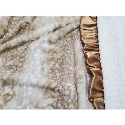 Personalized Baby Blanket, Embroidered Deer Blanket, Tan Fawn Newborn Boy gift, Baby Shower Gift, Woodland Baby Blanket, Bronze Satin Ruffle