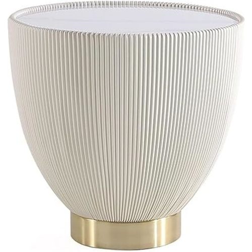 Manhattan Comfort Anderson Modern 18" Round End Table 2.0 | Ceramic Marble Tabletop, Elegant Pleated Leatherette Design & Gold Stainless Steel Base, Fully Assembled Accent Furniture, Set of 1, Cream