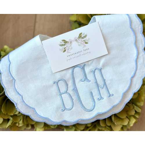 Scalloped Heirloom Embroidered Linen Baby Bib First Birthday