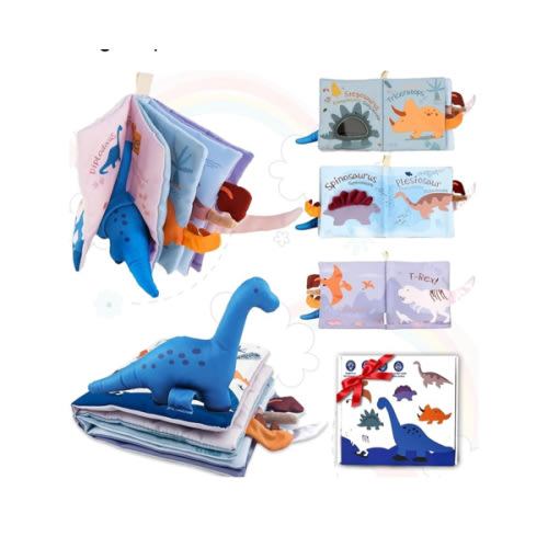 Richgv Baby Books Toys 0-6-12 Months, Baby Boy Gifts Touch and Feel Crinkle Books with Dino Doll, Newborn Infant Carseat Toys 6-9-12 Months Shower Gifts Easter Basket Stuffers