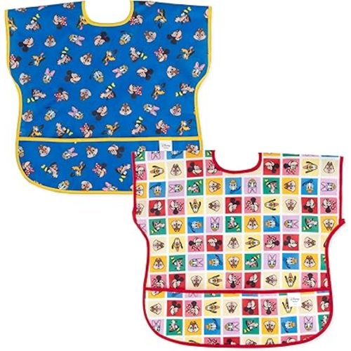 Bumkins Bibs for Girl or Boy, Baby, Toddler and Kids, Essential Must Have for Mess Free Eating, Short Sleeve, Disney Mickey & Friends MVP, 2-pack