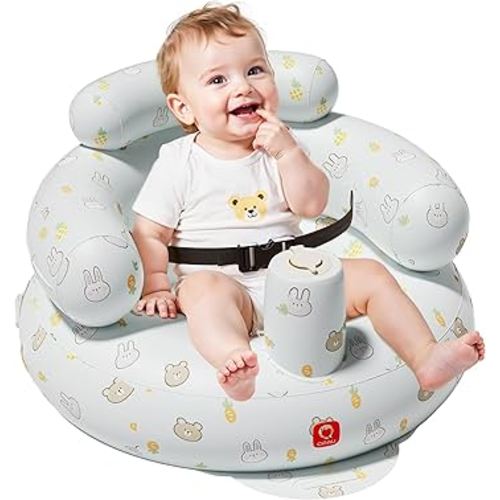 QPAU Inflatable Baby Seat with Safety Harness for Babies 3 Months & Up, Baby Floor Seats for Sitting Up, Baby Seats for Infants, Blow Up Baby Chair with Built in Air Pump (Rabbit and Bear)