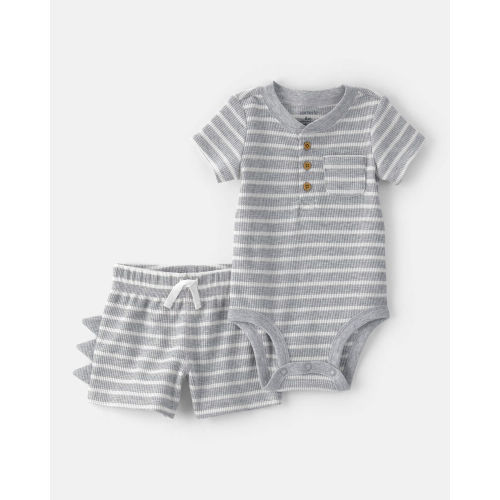 Baby Boy 2-Piece Dino Spikes Striped Thermal Short-Sleeve Bodysuit & Short Set - Grey | Carter’s Oshkosh Canada