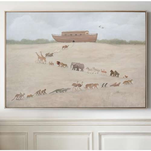 Noah’s Ark Premium Canvas, 42 Animal Pairs, Christian Framed Neutral Decor, Baby Nursery Wall Art, Children Room, Bible, Jesus Painting Gift