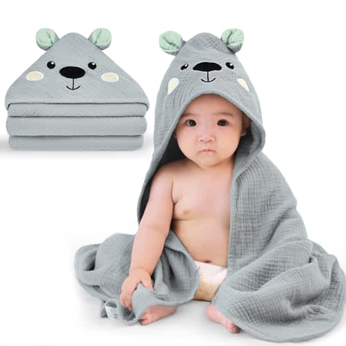 FIOBEE Hooded Baby Towels 100% Muslin Baby Bath Towels for Newborn with Animal Design Ultra-Soft and Absorbent Bath Essentials for Toddler, Unisex Girls Boys 30 x 30 inch, Gray Bear
