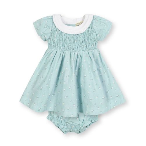 Hope & Henry Baby Short Sleeve Linen Dress with Ruffle Collar, Tea Room Floral, 12-18 Months