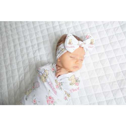 Baby Girl Winnie the Pooh Swaddle Set - Personalized Newborn Blanket Headband Set -Classic Pooh Baby Shower gift -Coming Home outfit sbs606