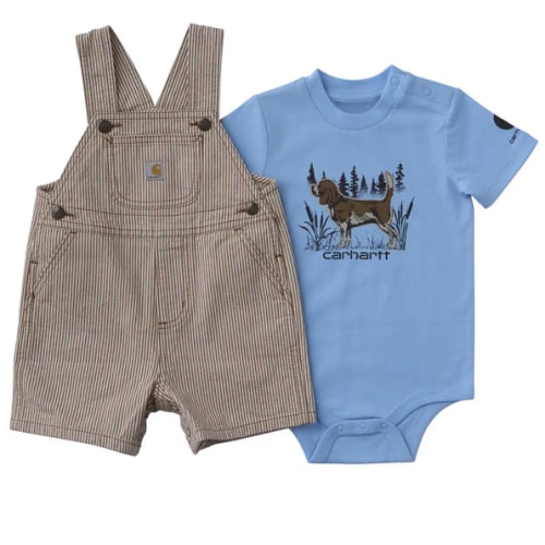 6-9M Boys' 2-Piece Short Sleeve Bodysuit & Brown Stripe Shortall Set (Baby) | Carhartt
