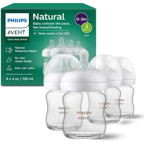 Philips Avent Natural Glass Baby Bottles with Natural Response Nipples (Slow Flow, Flow 2), 4oz, 4-Pack, SCY910/04