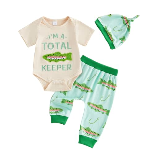 Honganda 3Pcs Newborn Baby Boy Fishing Outfit Set Letter Embroidered Romper Bodysuit with Fish Print Pants Hat Summer Clothes