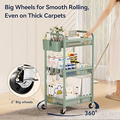 YASONIC 3 Tier Metal Rolling Cart, Green Utility Storage Cart with Wheels