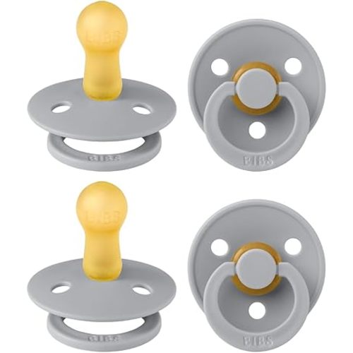 BIBS Colour Pacifier 4-Pack, BPA Free Dummy Pacifier, Round Nipple. Natural Rubber Latex, Made in Denmark, Size 2 (6-18 Months), Cloud