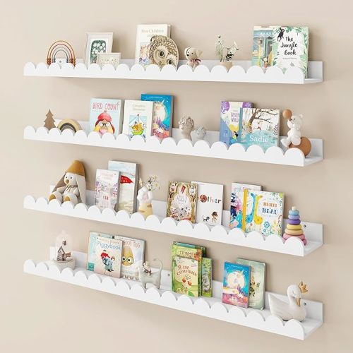 36 Inch Scalloped Shelf, White Picture Ledge Shelf for Wall, Set of 4, Kids Book Shelves with Floating Design for Kids Rooms, Bedroom