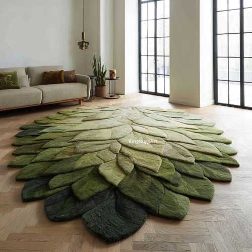 Hand-Tufted Leaf Design Area Rug | Abstract Organic Shape Rug, Green Petal Rug for Living Room, Custom Size