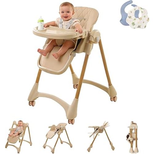 High Chairs for Babies and Toddlers, Foldable Baby High Chair with Wheels for Eating, 6 in 1 High Chair with Removable Tray, Adjustable Backrest and Height, Include 2 Bibs, Tool-Free Assembly
